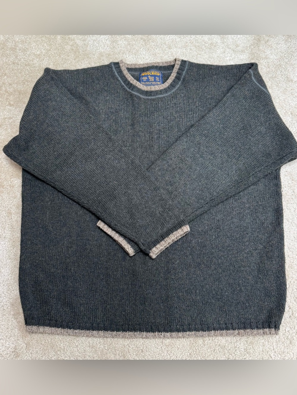Woolrich Men’s XL Dark Olive/Brown Crewneck Wool Sweater